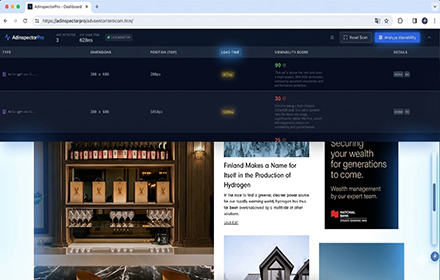 AdInspector Pro dashboard showing ad slots, dimensions, positions, load time, and viewability score